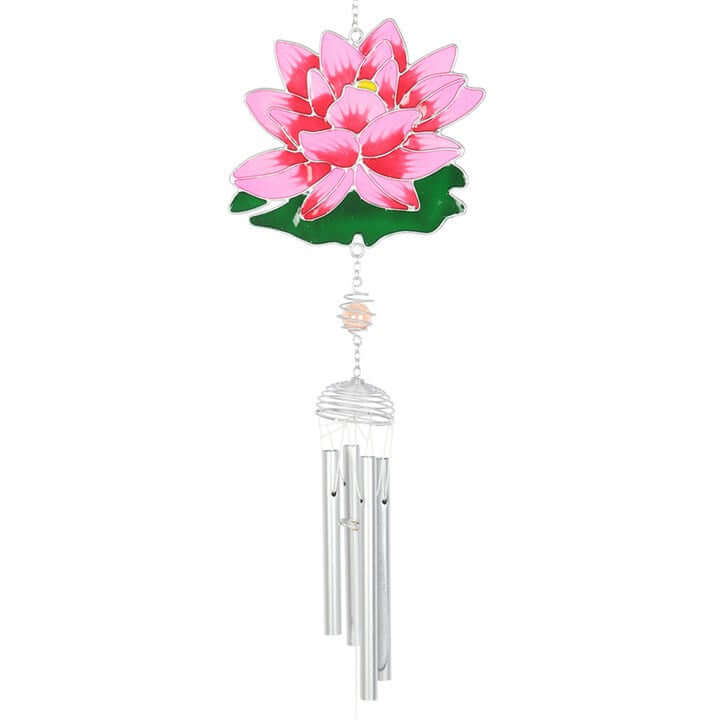 Pink water lily windchime for stylish garden and indoor decor, featuring resin flower and metal chimes.