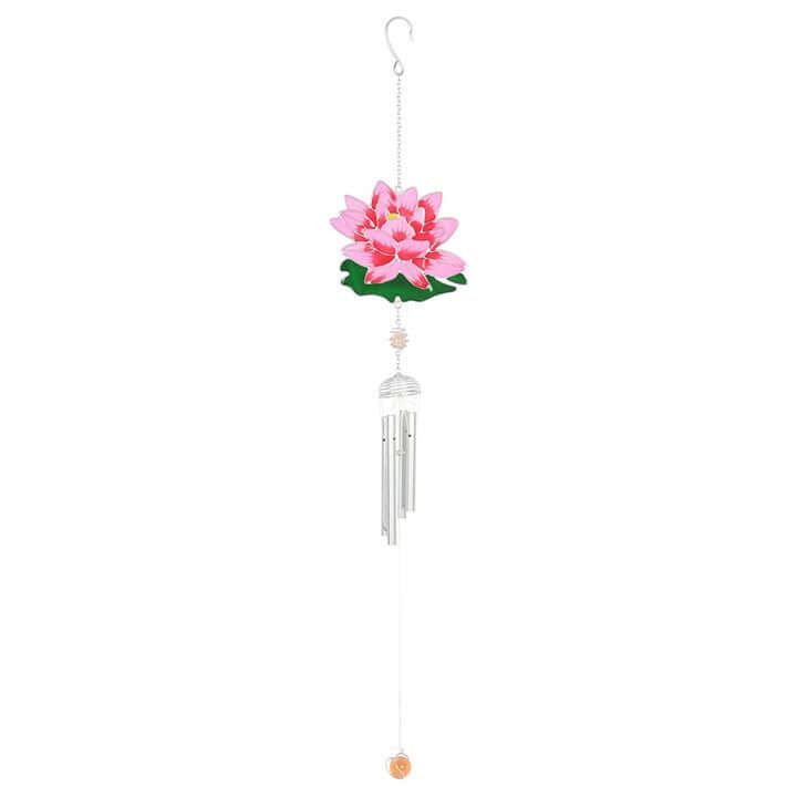 Pink water lily windchime for garden and indoor decor, featuring delicate resin flower and silver chimes. Lily Windchime.