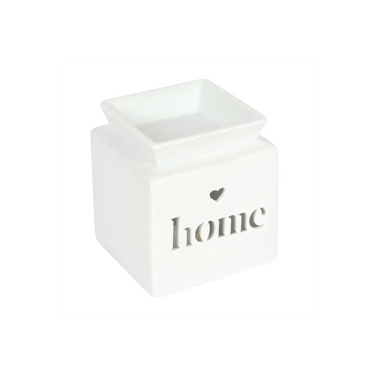 White ceramic planter with 'home' and heart design on a white background
