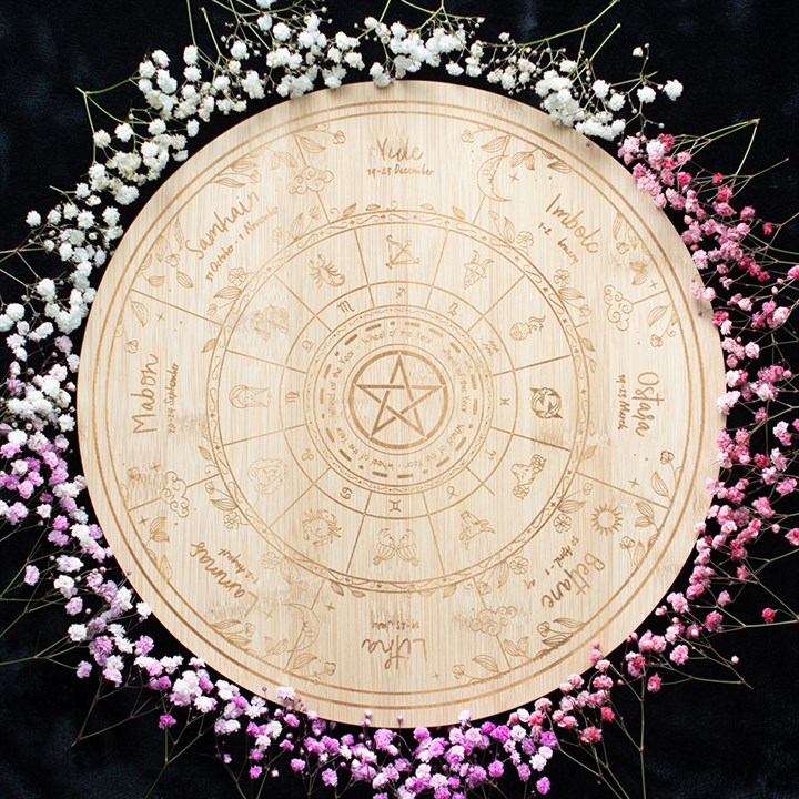 Wheel of the Year Wooden Serving Board – Engraved Pagan Sabbat Symbols-Sociodigi