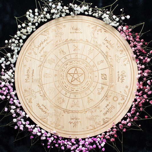 Wheel of the Year Wooden Serving Board – Engraved Pagan Sabbat Symbols-Sociodigi