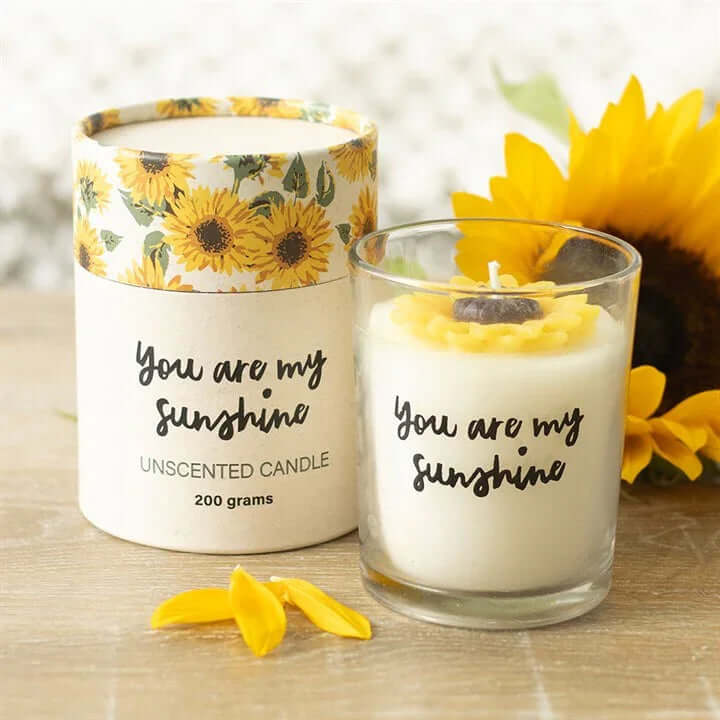 You Are My Sunshine Candle featuring 3D sunflower design, decorative gift candle with cheerful packaging.