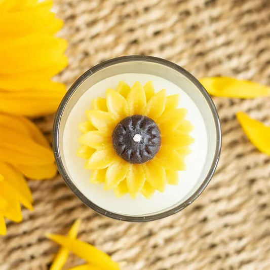 You Are My Sunshine Candle with 3D Sunflower design, showcasing vibrant yellow petals and a dark center.