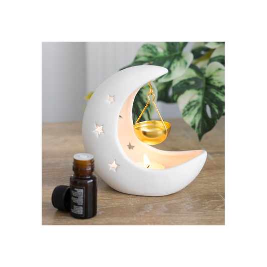 White Crescent Moon Oil Burner with Gold Dish