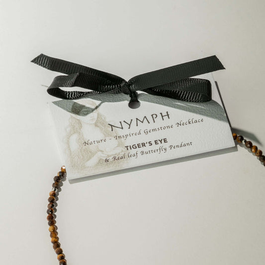 Nymph Tiger's Eye Gemstone Necklace with Real Leaf Butterfly Pendant