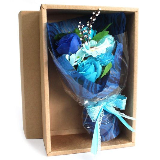 Blue Boxed Hand Soap Flower Bouquet – Special Scented Bath Roses & Carnations-Sociodigi