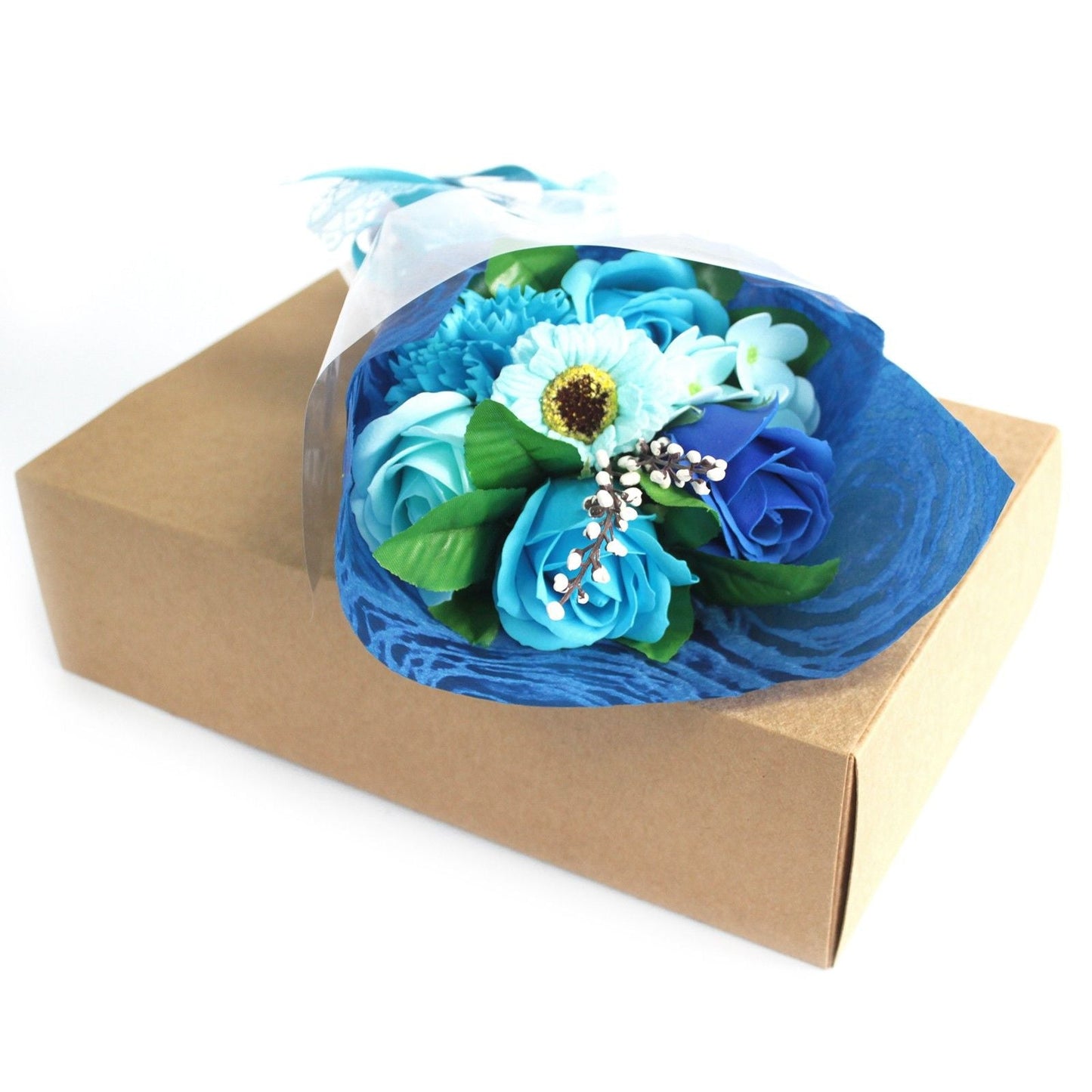 Blue Boxed Hand Soap Flower Bouquet – Special Scented Bath Roses & Carnations-Sociodigi