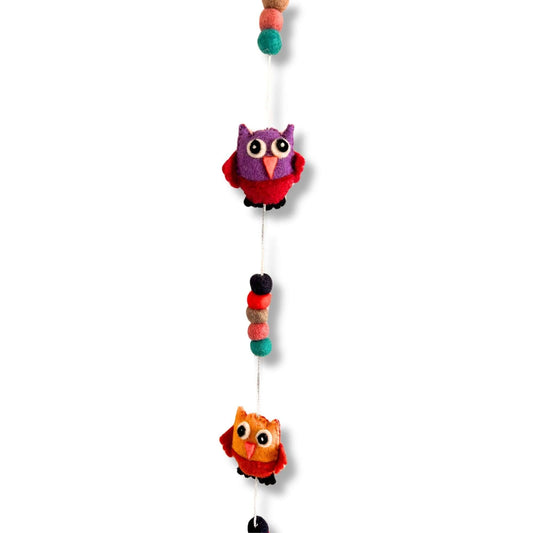 Colorful Felt Wall Hanging Owls featuring vibrant purple and orange designs, perfect for home decor.