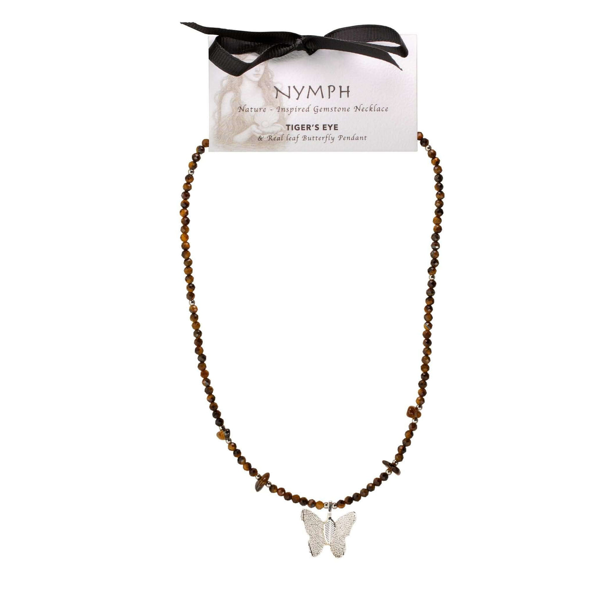 Nymph Tiger's Eye Gemstone Necklace with Real Leaf Butterfly Pendant