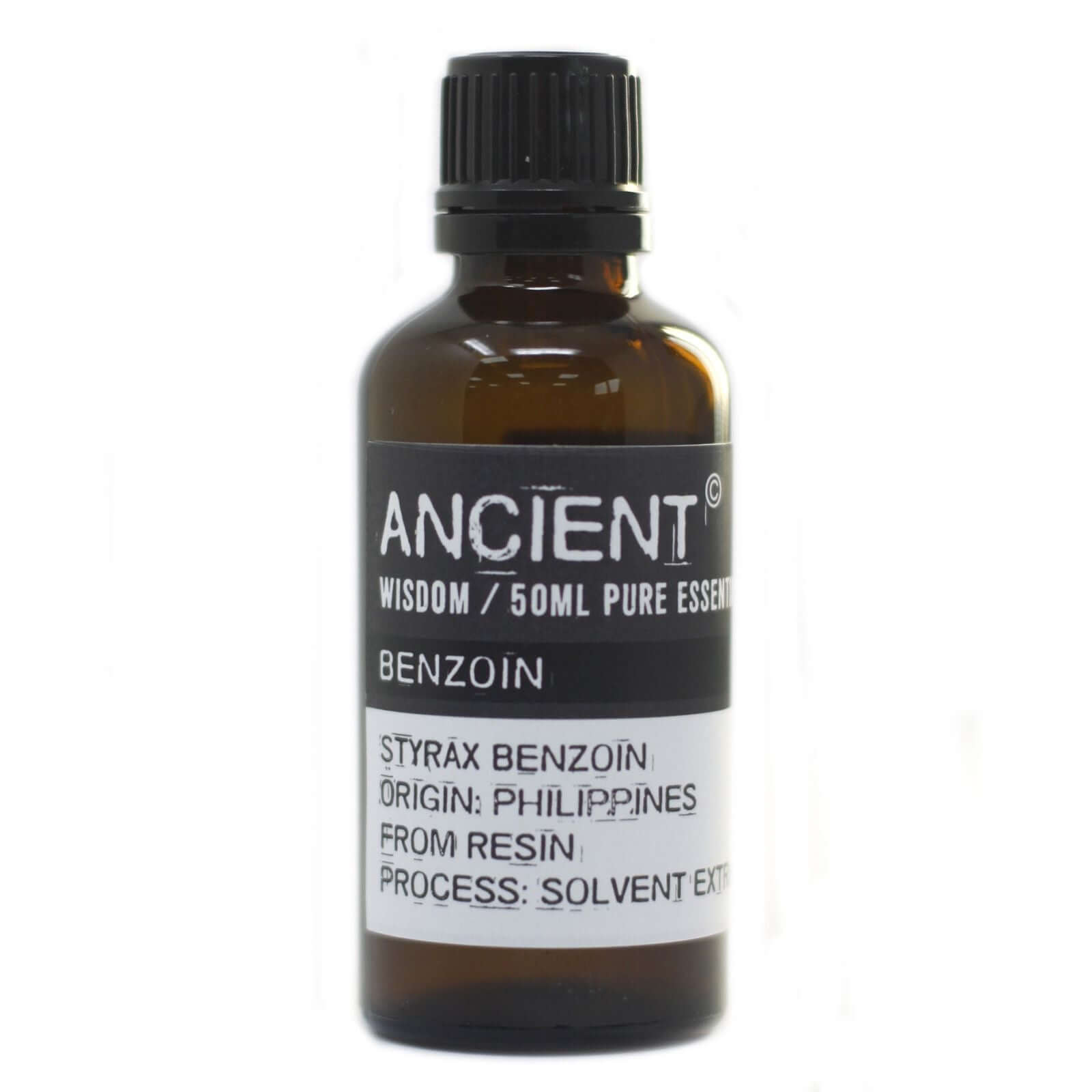 Benzoin Essential Oil (Dilute/Dpg) 50ml bottle with label detailing Latin name and origin.