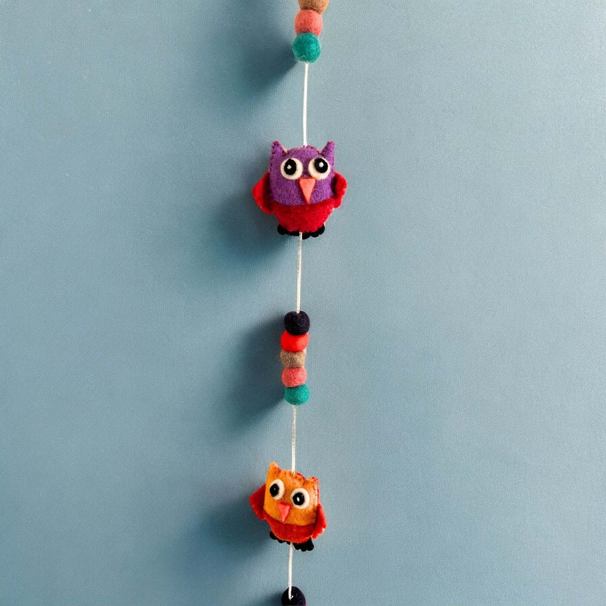 Felt Wall Hanging Owls in random colors with colorful beads for decorative wall art