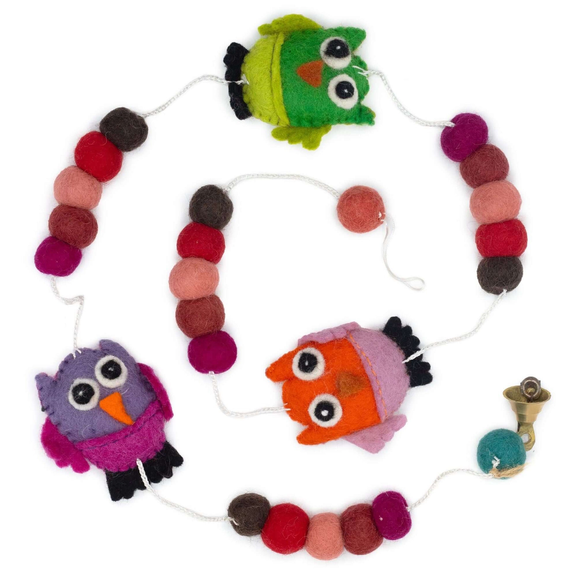 Felt Wall Hanging Owls in random colours, featuring cute owl designs and colorful felt beads.
