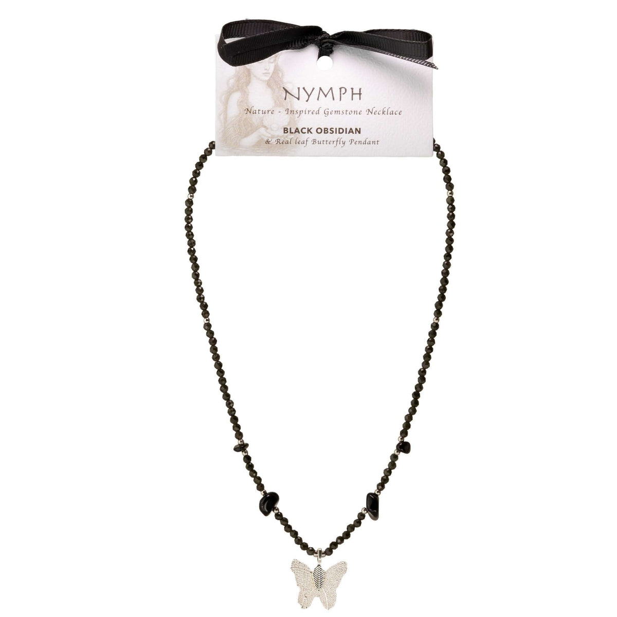 Nymph Black Obsidian Gemstone Necklace with Real Leaf Butterfly Pendant