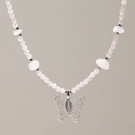 Nymph Rose Quartz Gemstone Necklace with Real Leaf Butterfly Pendant
