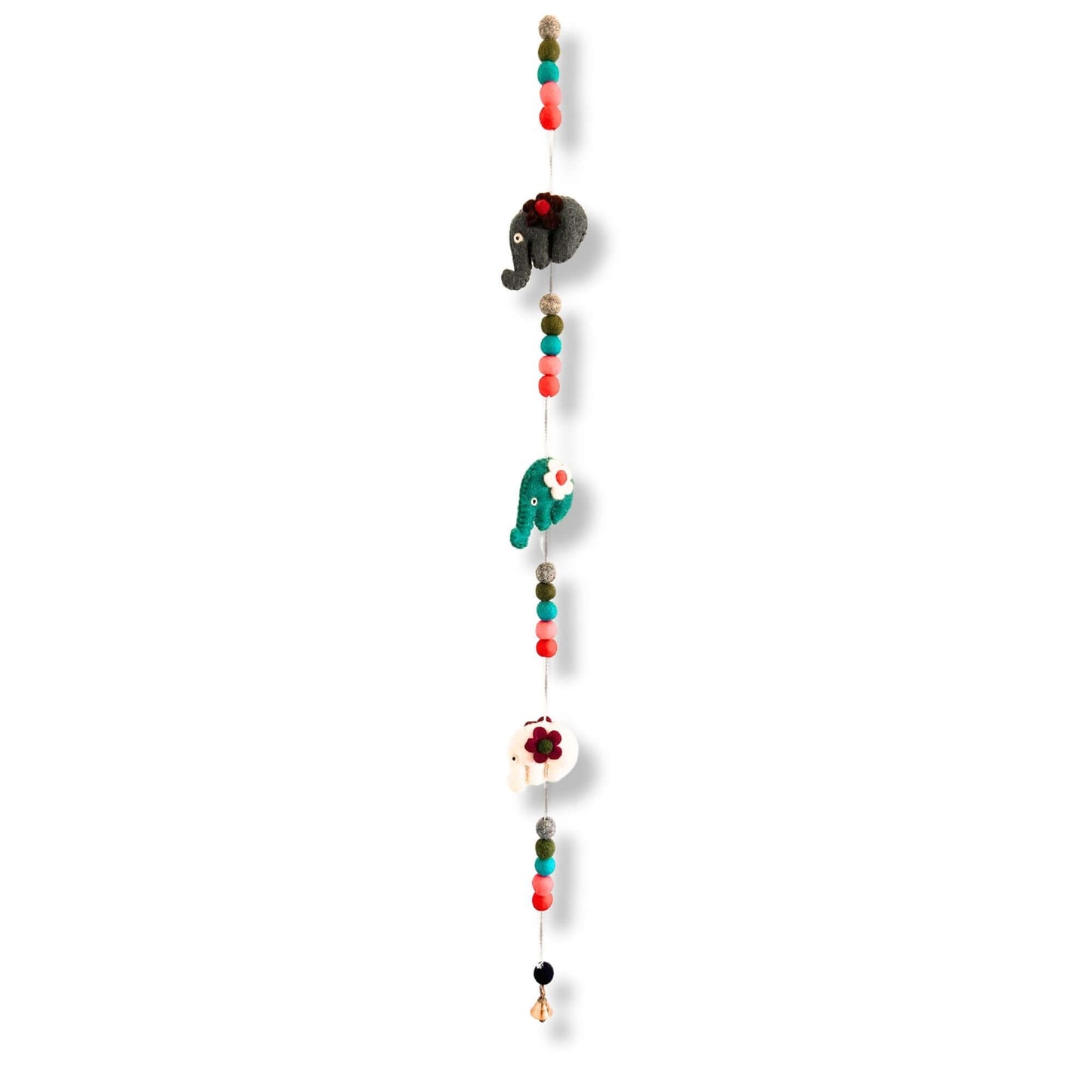 Colorful Felt Wall Hanging featuring playful elephants and beads for kids' decor.