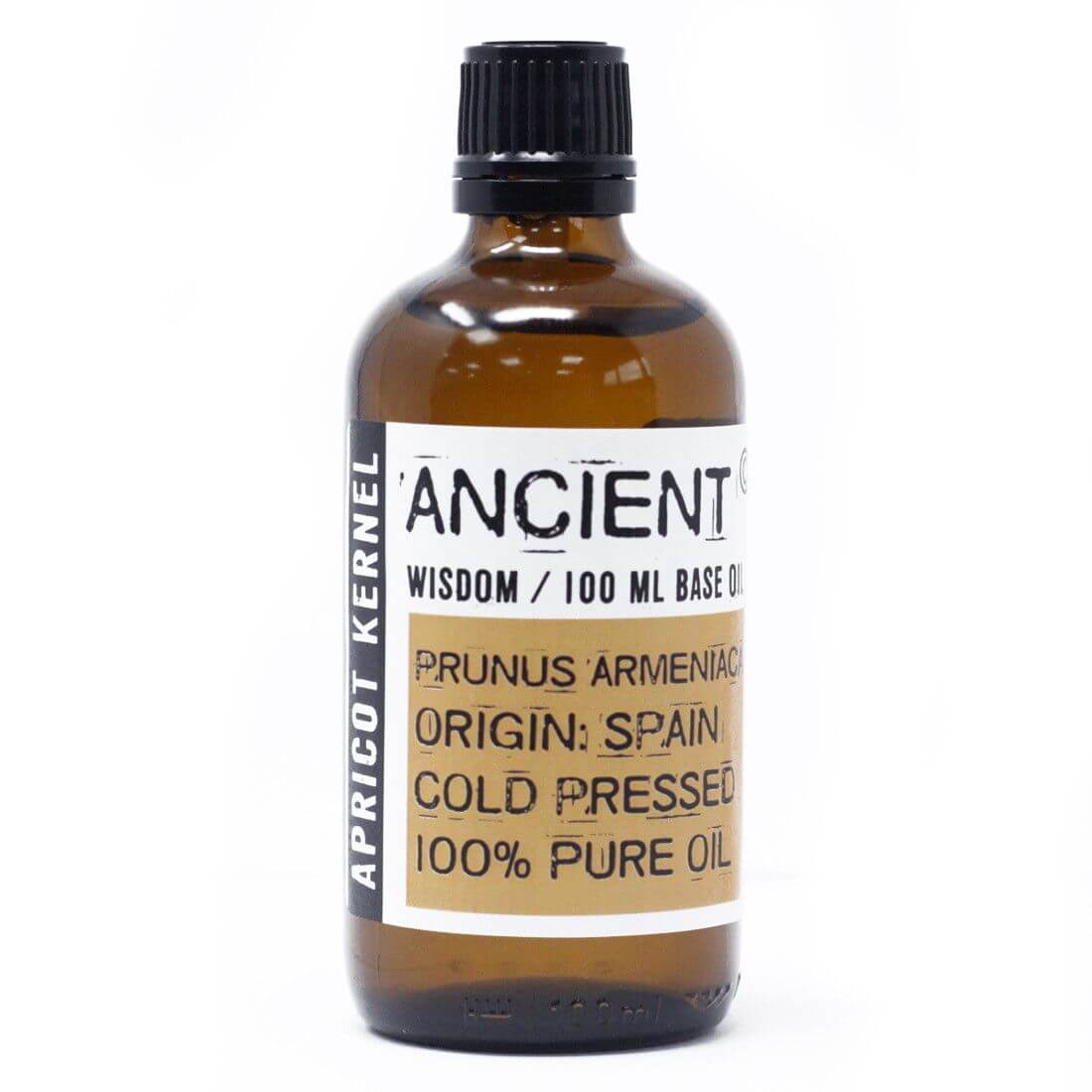 Apricot Kernel Oil - 100ml bottle showing its origin, Prunus Armeniaca, and cold-pressed extraction.