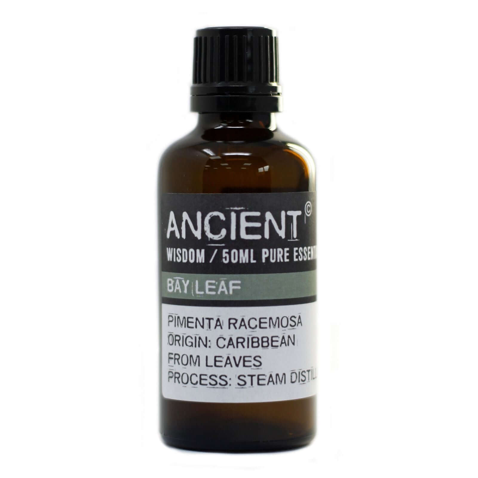 Bay Leaf essential oil 50ml bottle, derived from Pimenta Racemosa, sourced from Caribbean leaves, steam distilled.