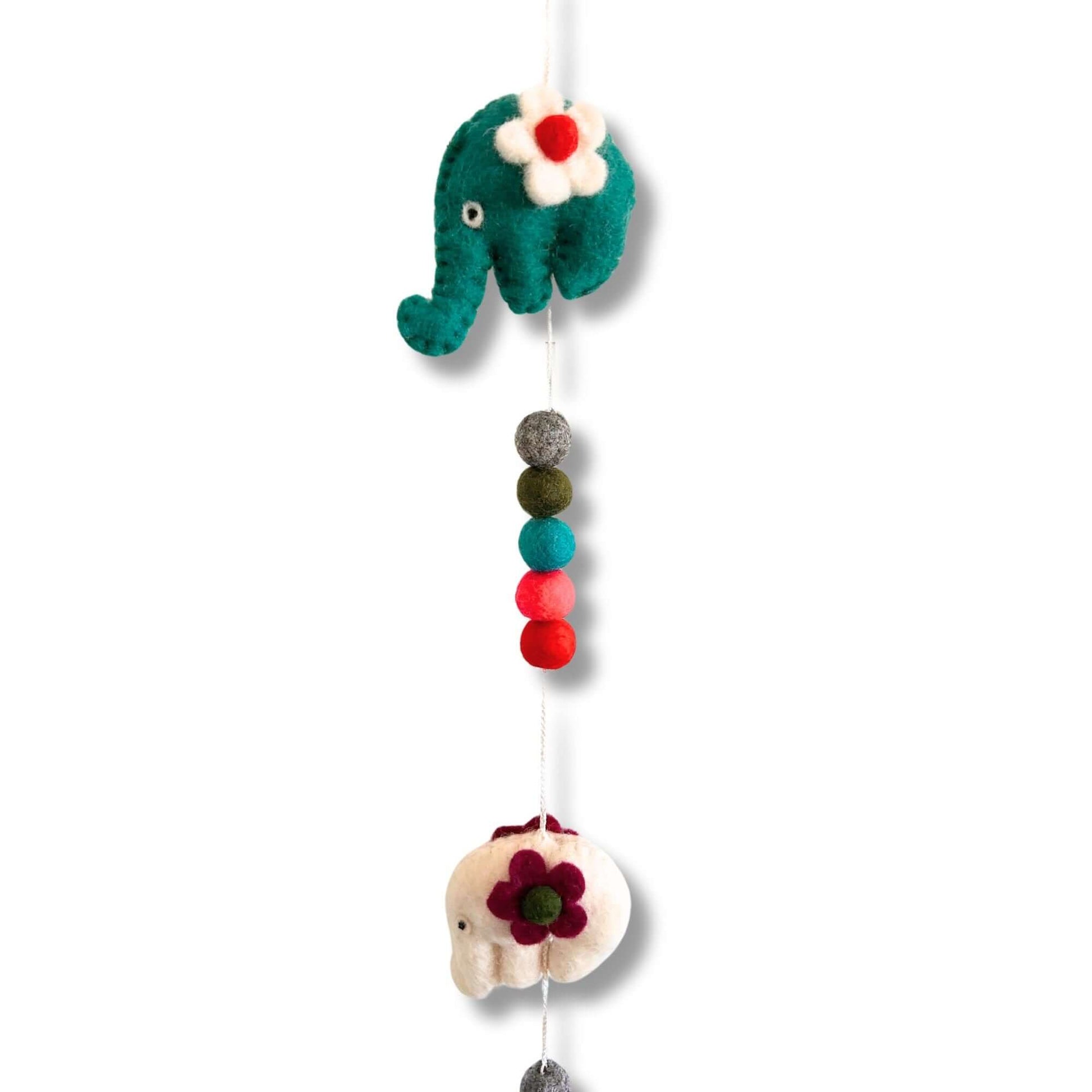 Felt Wall Hanging featuring colorful felt elephants and decorative pom poms for children's decor.