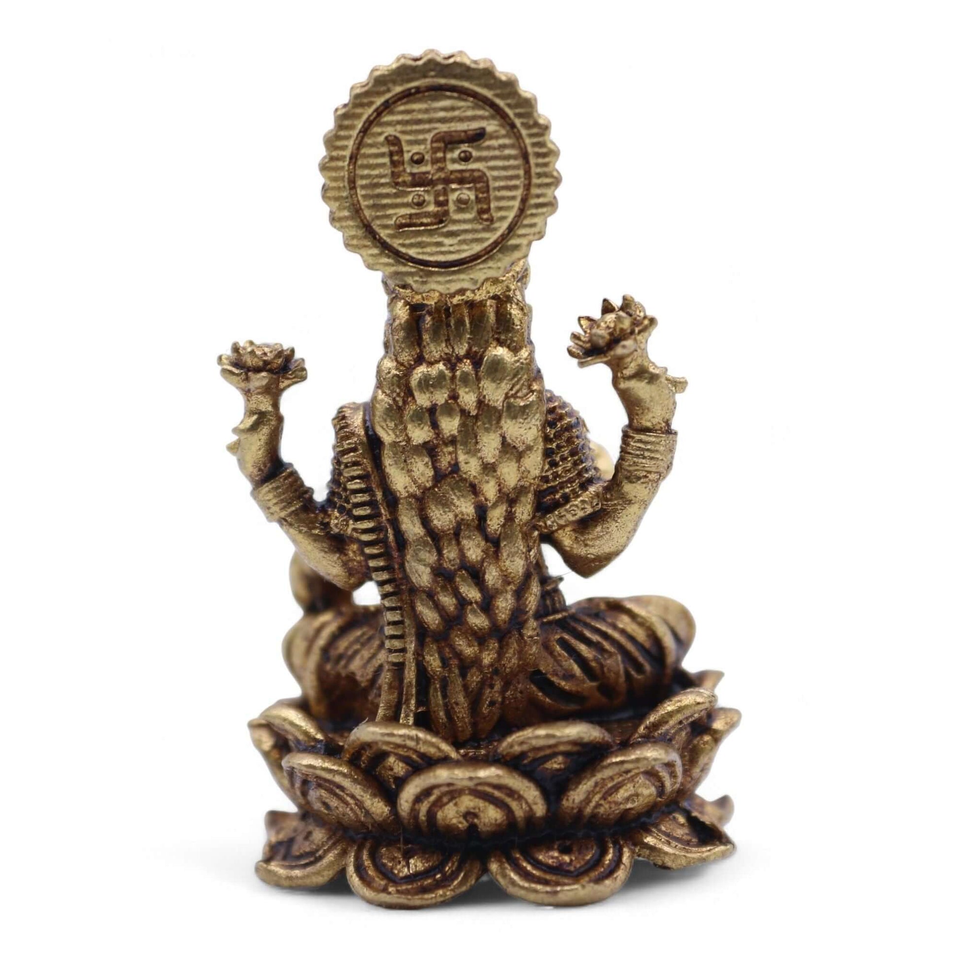 Miniature Laxmi God brass figurine, handcrafted, features intricately detailed crown and lotus base, 37mm tall.