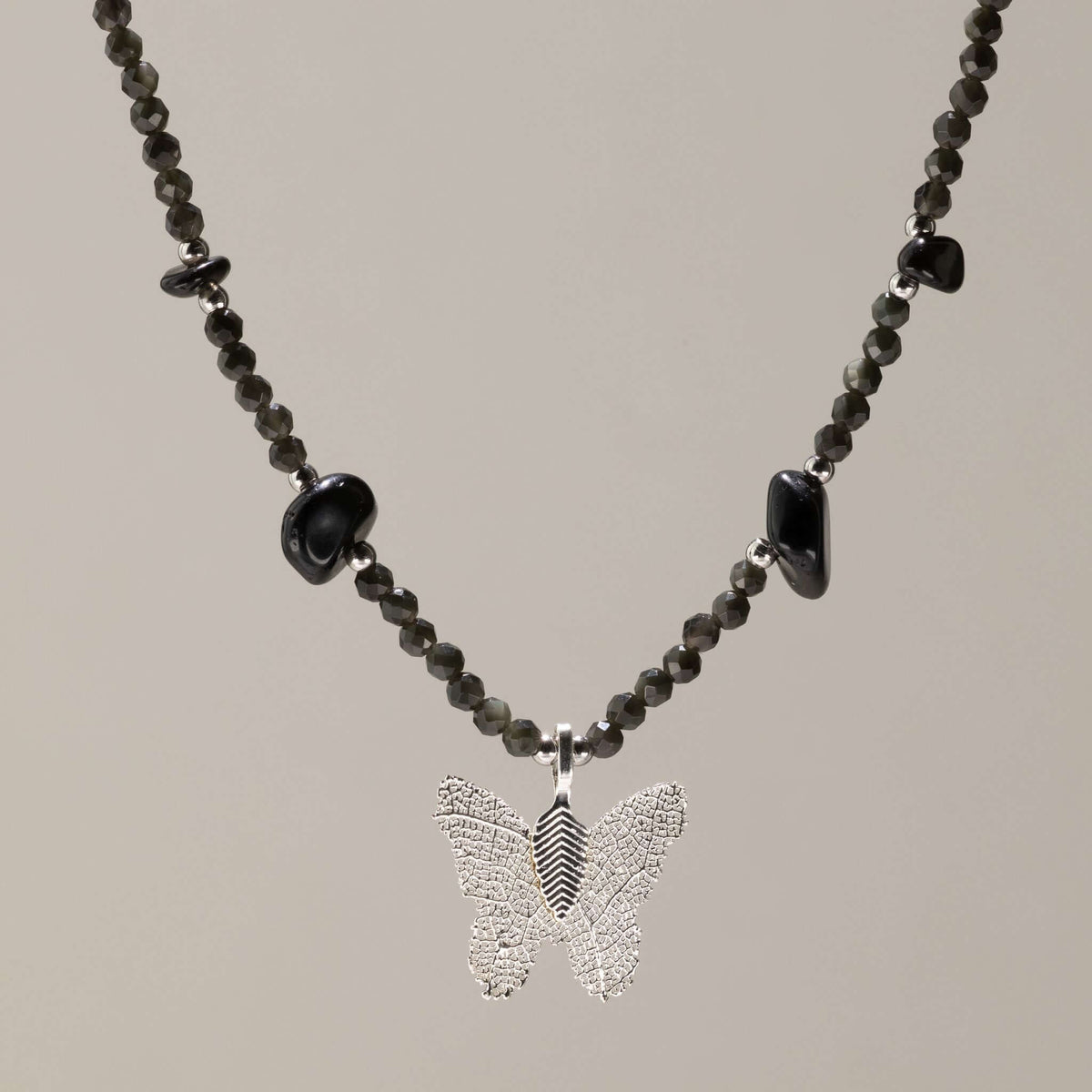 Nymph Black Obsidian Gemstone Necklace with Real Leaf Butterfly Pendant