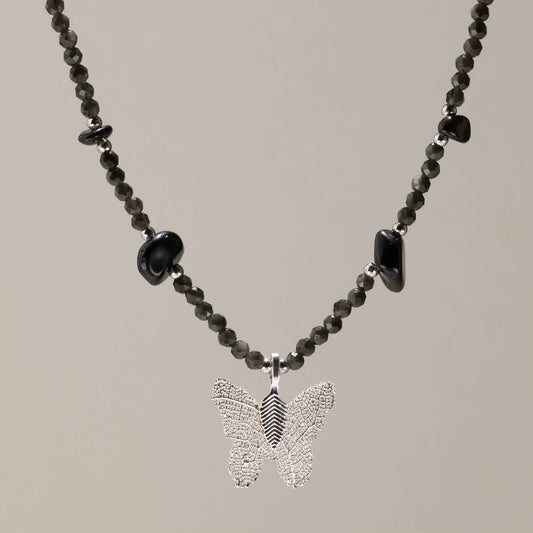 Nymph Black Obsidian Gemstone Necklace with Real Leaf Butterfly Pendant