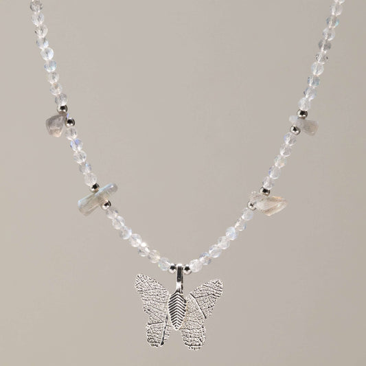 Nymph Labradorite Gemstone Necklace with Real Leaf Butterfly Pendant