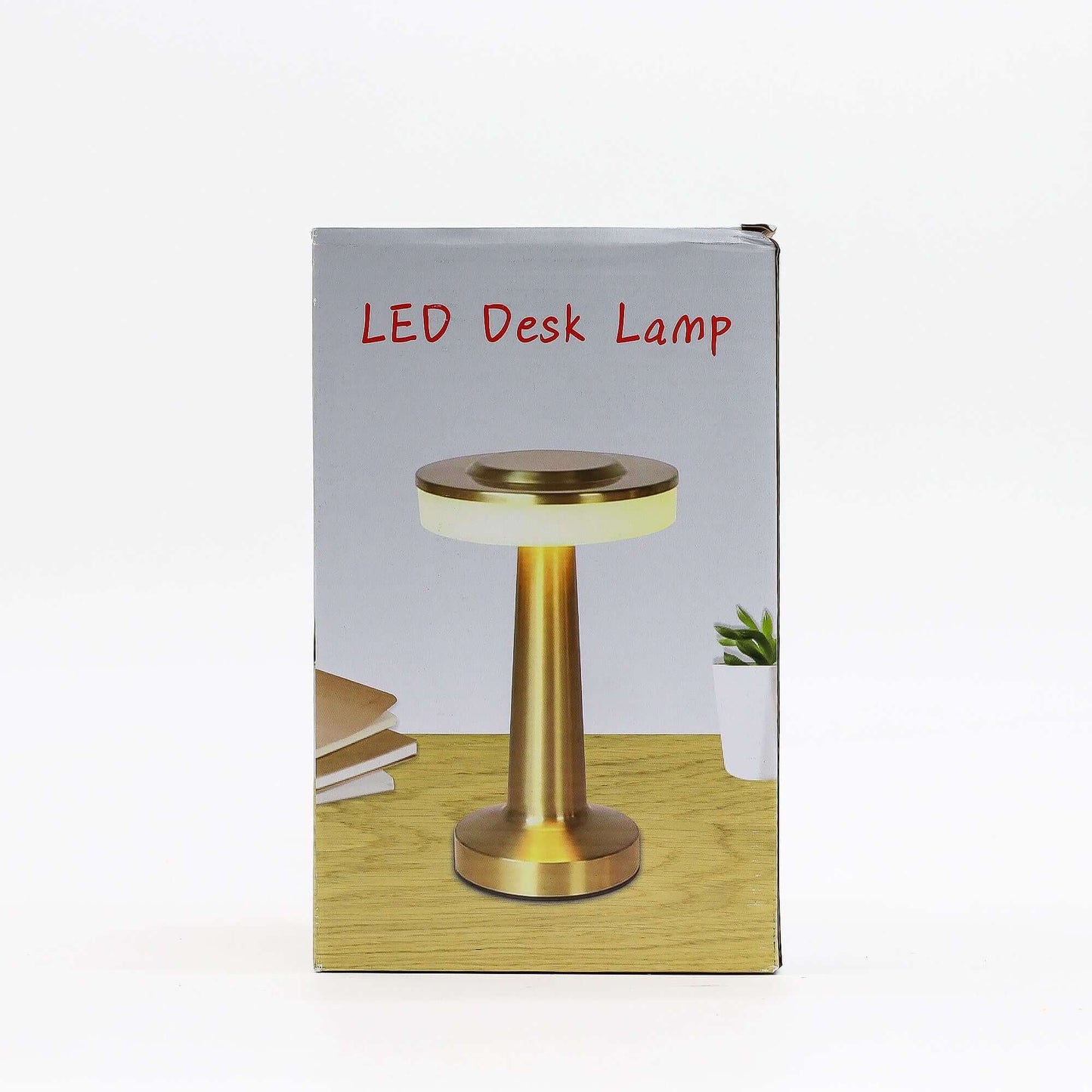 Touch Lamp Tall stem copper LED desk lamp in a stylish box on a wooden surface.