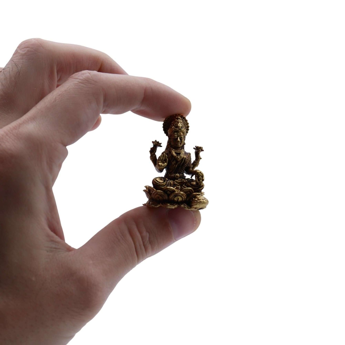 Brass Miniature Laxmi God held in hand, showcasing intricate design and craftsmanship, symbolizing prosperity.