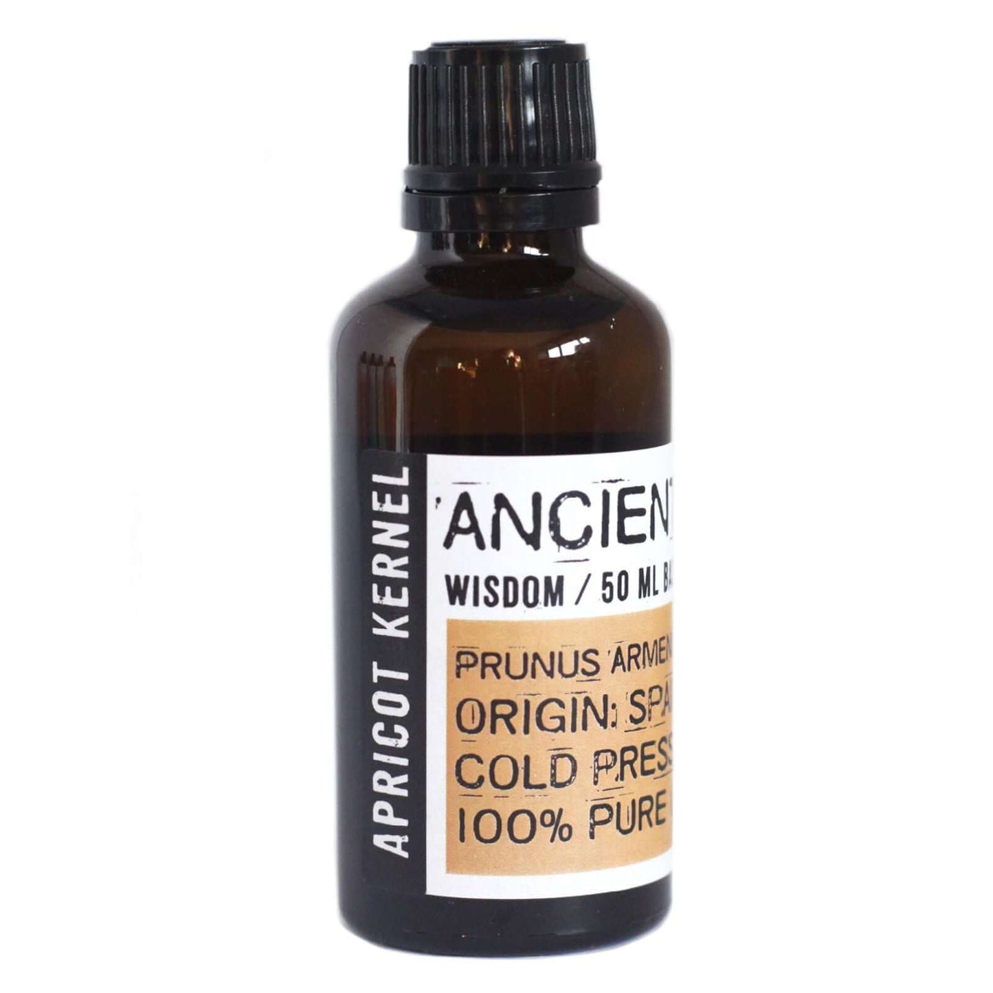 Apricot Kernel Oil bottle, 50ml, with label detailing Prunus Armeniaca and cold-pressed origin from Spain.