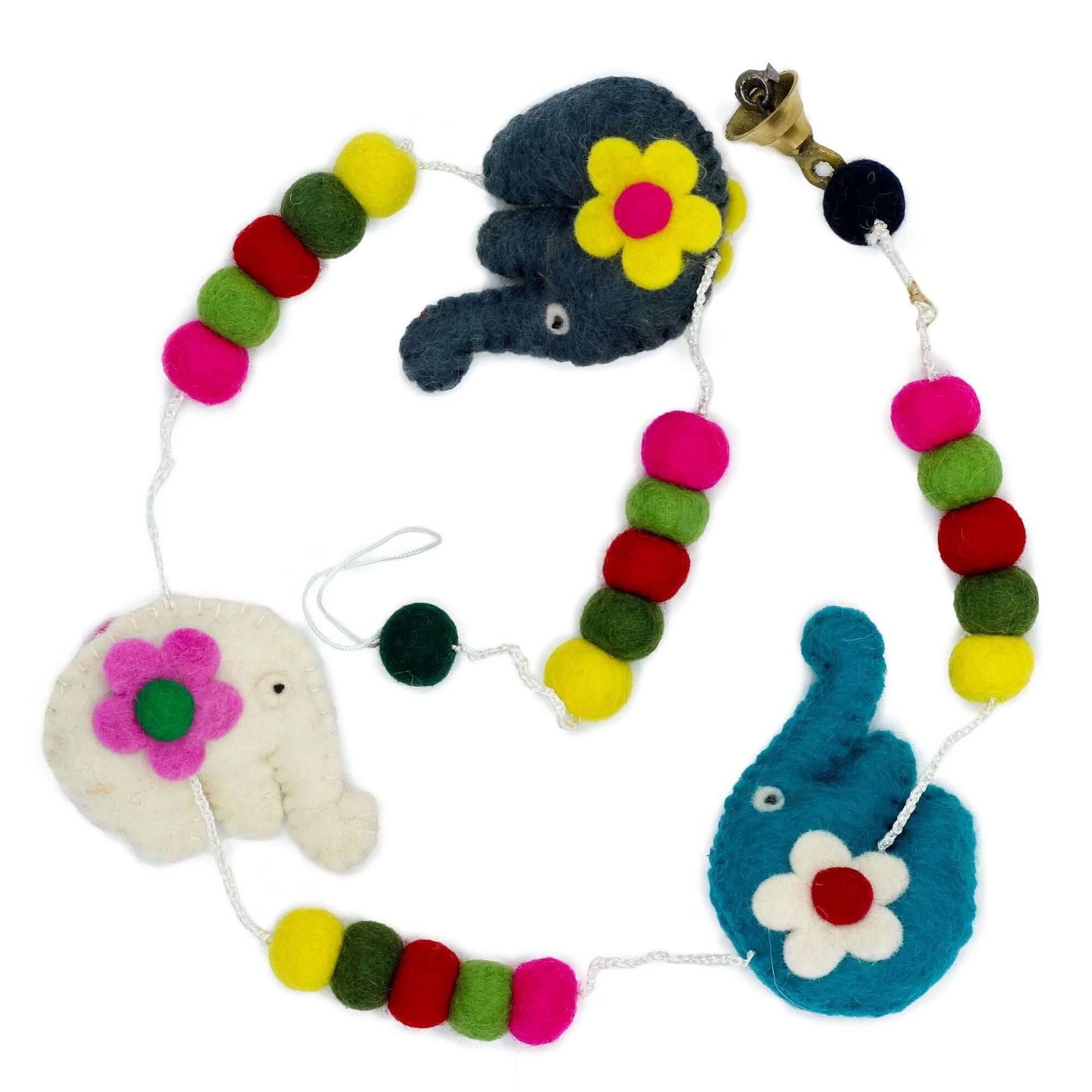 Colorful felt wall hanging featuring elephants and beads in random colours, ideal for home decor.