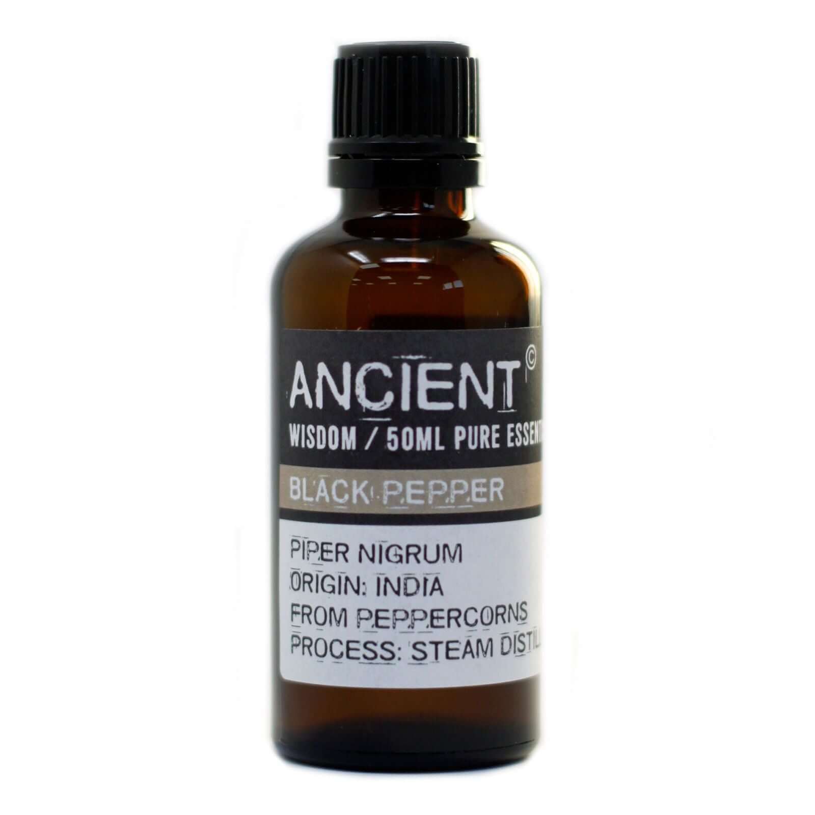 Blackpepper essential oil 50ml bottle from India, steam distilled from peppercorns, Ancient brand.