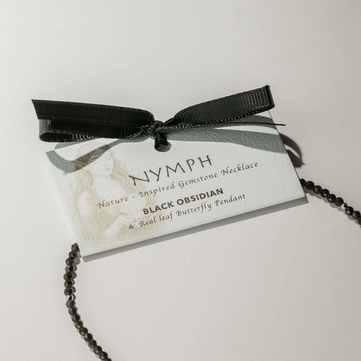 Nymph Black Obsidian Gemstone Necklace with Real Leaf Butterfly Pendant