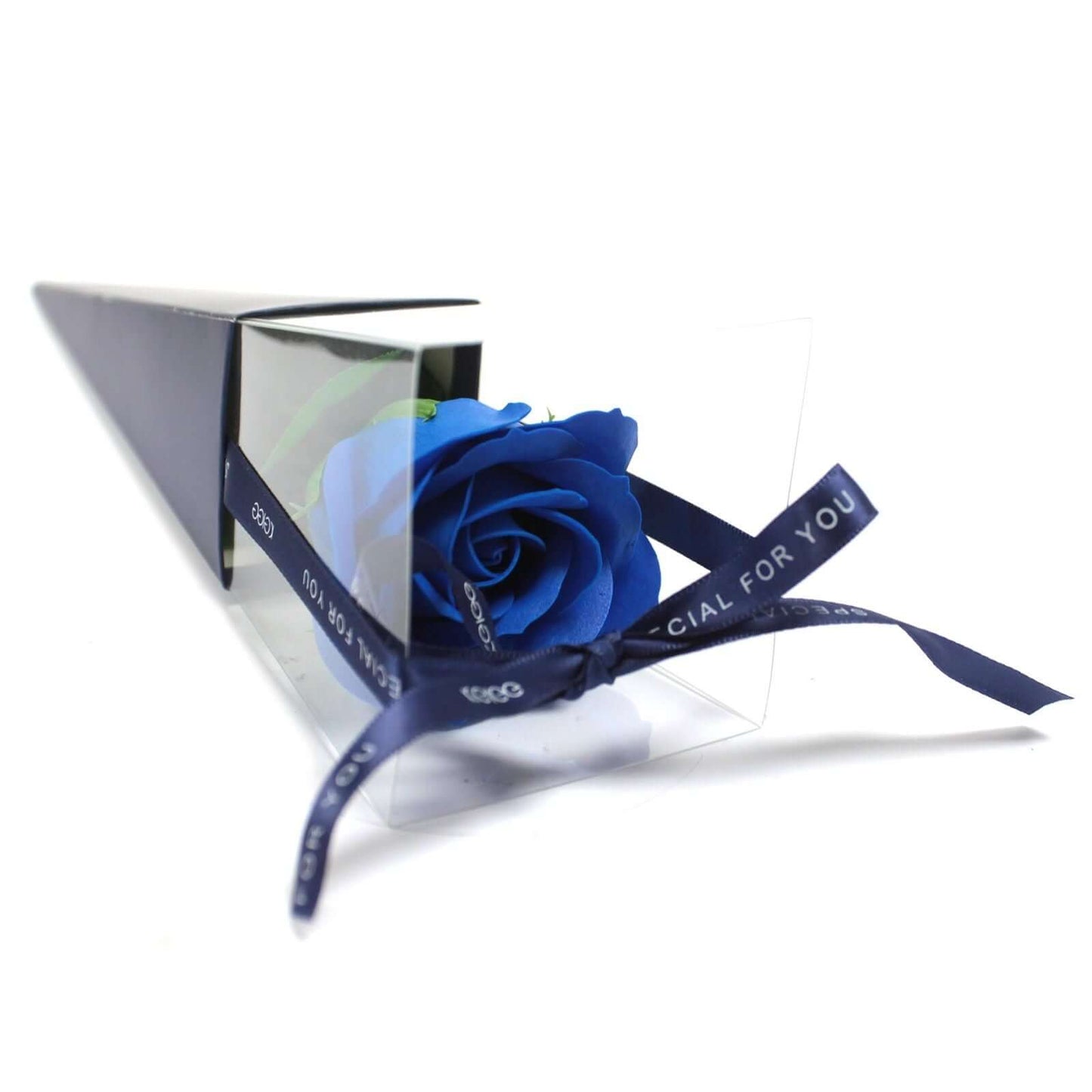 Single Blue Rose Soap Flower presented in a clear box with a decorative ribbon, perfect for gifts or a relaxing bath.