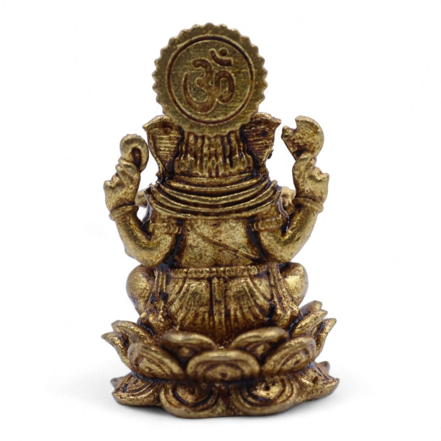 Brass Miniature Ganesha Gods figurine sitting on lotus, symbolizes prosperity and wisdom. Handcrafted in India, 30mm.