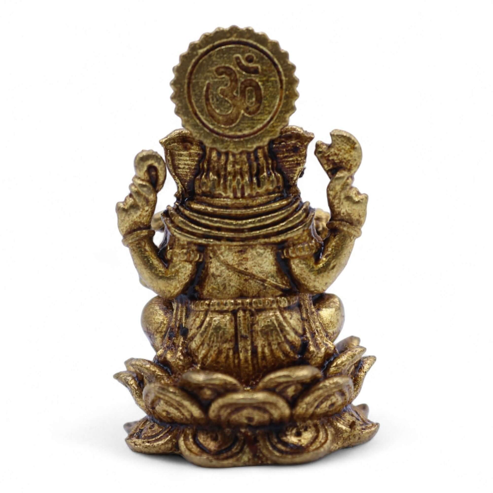 Brass Miniature Ganesha Gods figurine sitting on lotus, symbolizes prosperity and wisdom. Handcrafted in India, 30mm.