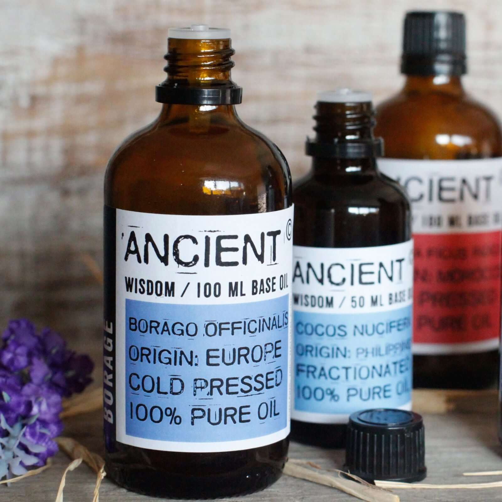 Glass bottles of various oils including Apricot Kernel Oil, displayed on wooden background, labeled with origins and properties.
