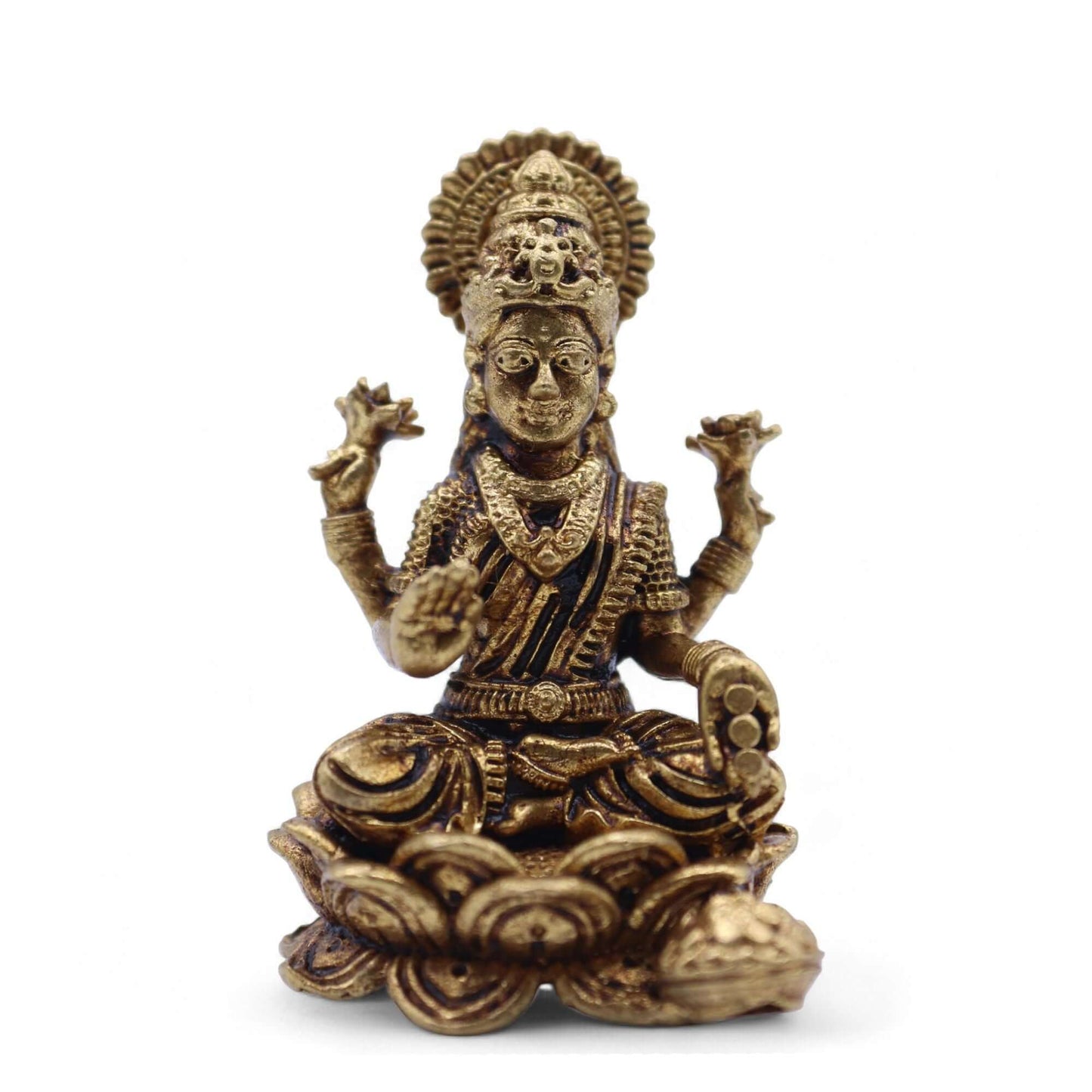 Brass Miniature Laxmi God figurine, 37mm tall, symbol of prosperity and abundance, handcrafted in India.