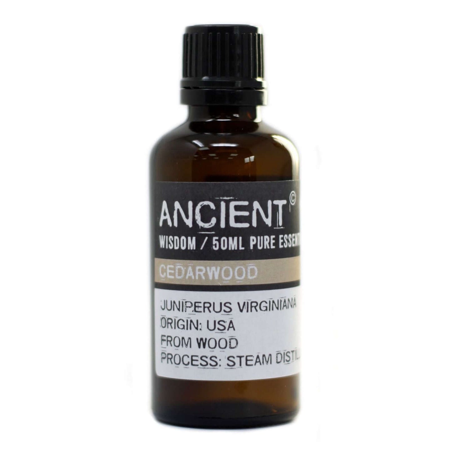 Cedarwood essential oil 50ml bottle, steam distilled from Juniperus Virginiana, sourced from USA.