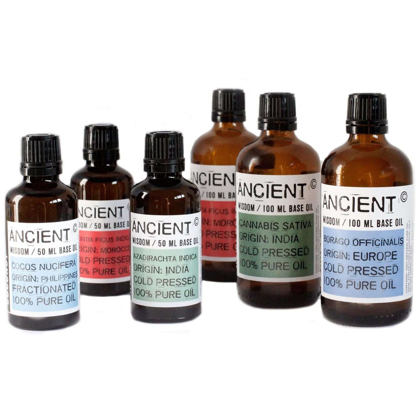 Various essential oil bottles including Apricot Kernel Oil - 50ml, highlighting natural ingredients and origins.