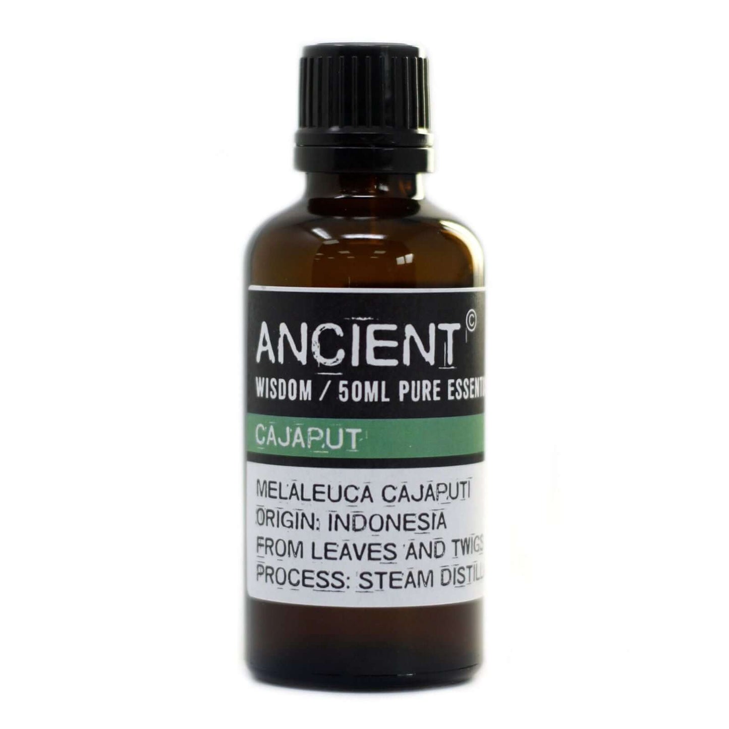 Cajaput Essential Oil 50ml bottle from Indonesia, extracted from leaves and twigs via steam distillation.
