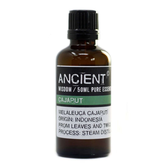 Cajaput Essential Oil 50ml bottle from Indonesia, extracted from leaves and twigs via steam distillation.