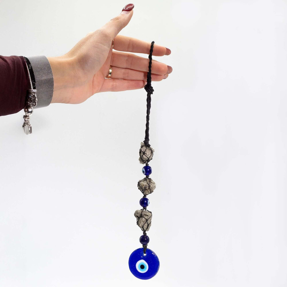Hanging Stone Pendant - Pirite Stones & Beads- Evil Eye