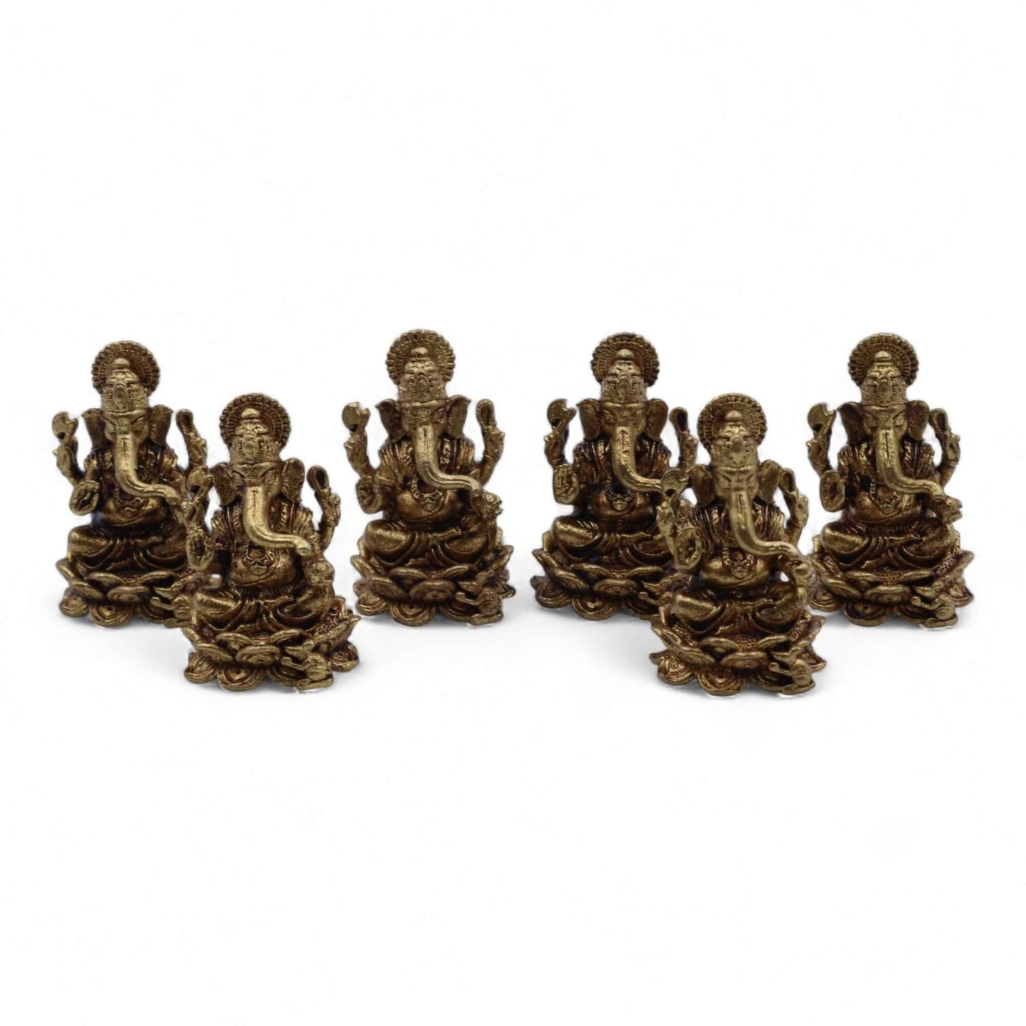 Set of six brass Miniature Ganesha Gods figurines, handcrafted with fine details for wisdom and good fortune.