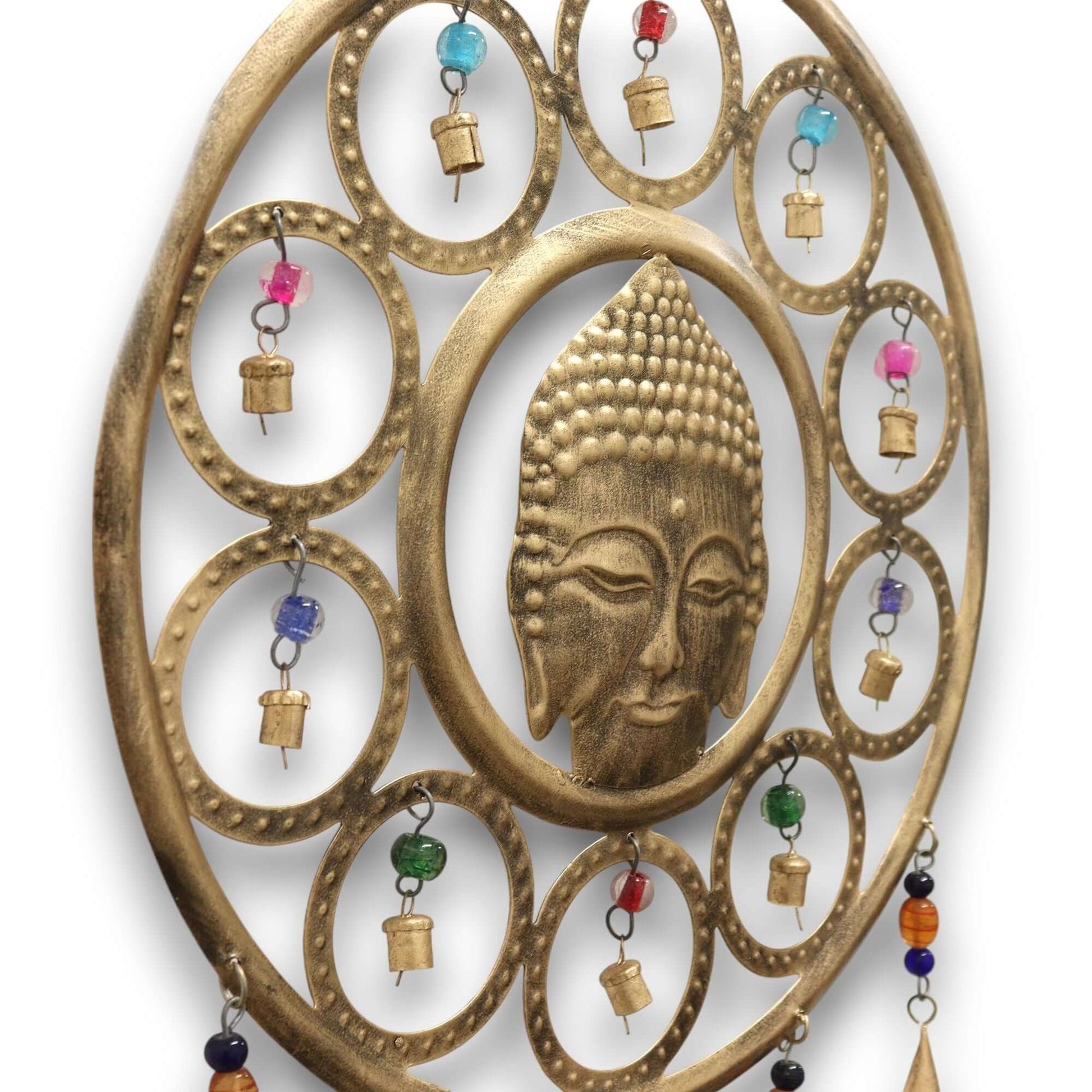 Indian Chimes Large Buddha Face 15 Bell, brass decoration with colorful beads and bells, spiritual charm.
