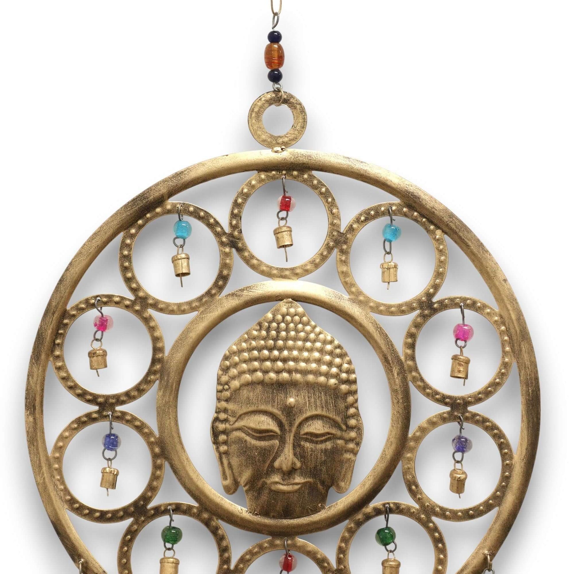 Indian Chimes Large Buddha Face 15 Bell with colorful beads and elegant brass bells, measuring 36 cm in height.