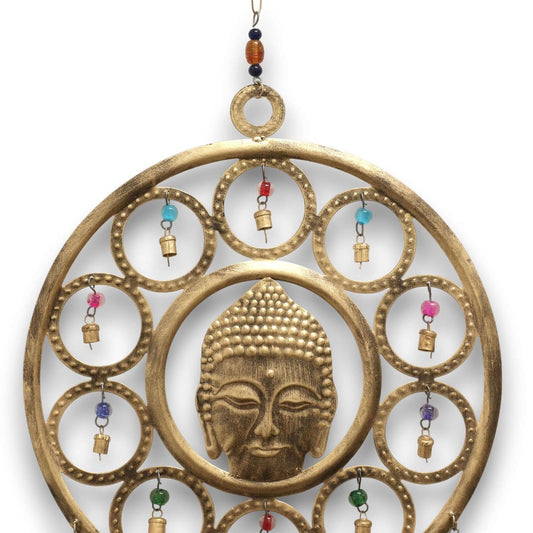 Indian Chimes Large Buddha Face 15 Bell with colorful beads and elegant brass bells, measuring 36 cm in height.