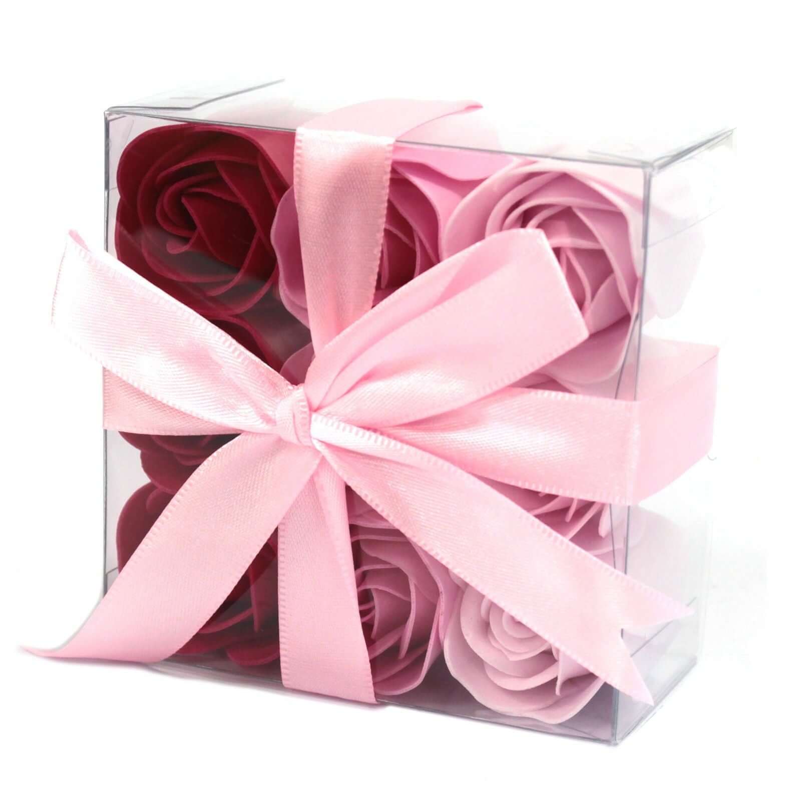 9 Soap Flowers Pink Roses beautifully packaged in a clear box with a pink ribbon.
