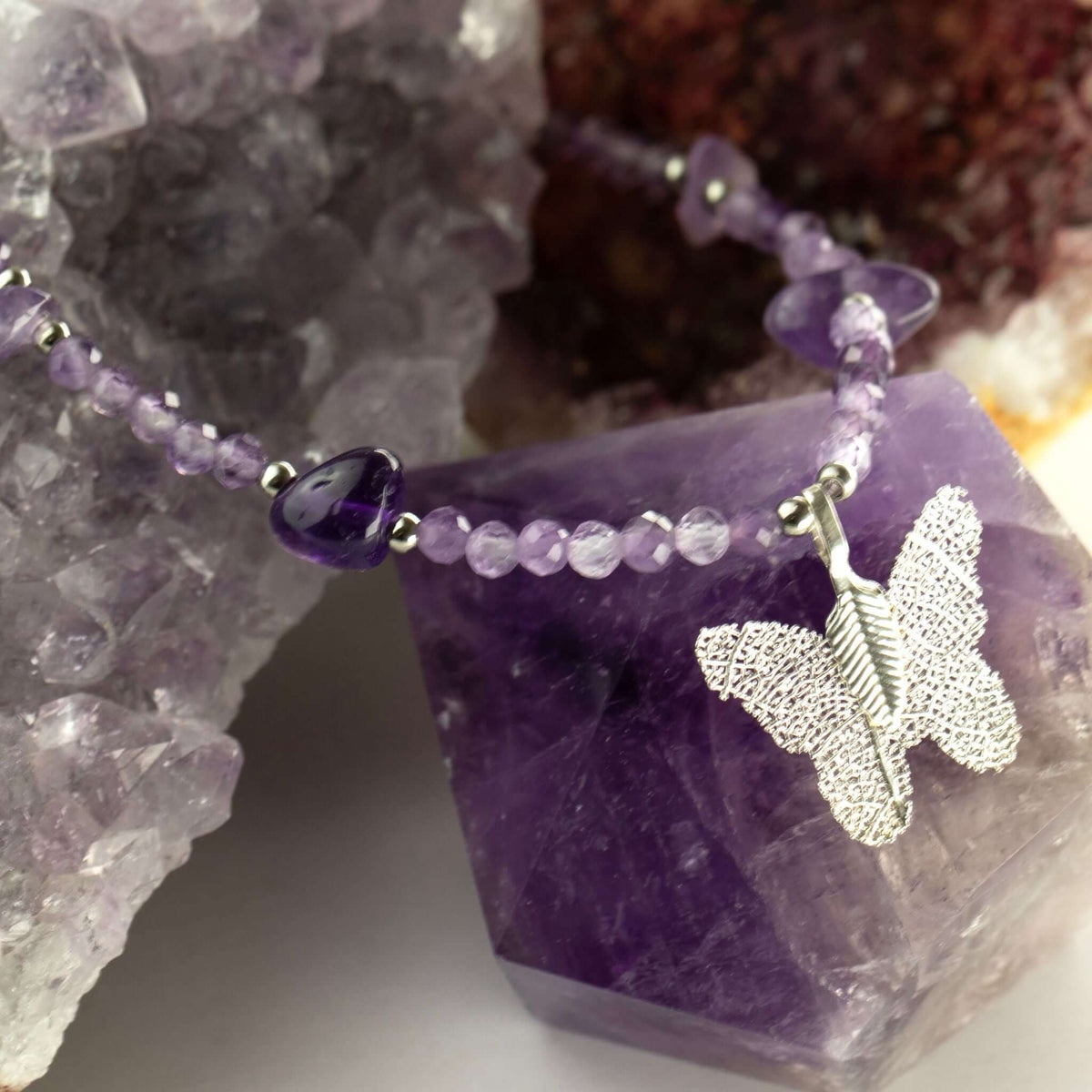 Nymph Amethyst Gemstone Necklace with Real Leaf Butterfly Pendant