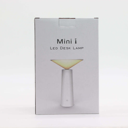 Mini i LED Desk Lamp packaging with a modern design and a sleek white finish.