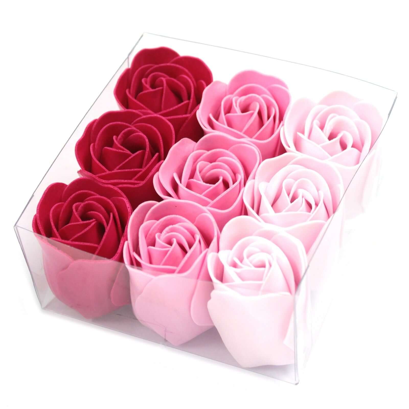 9 Soap Flowers in a clear box featuring pink and red roses, perfect for enhancing baths and as guest soaps.